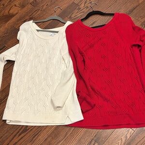 Elegant Cable Knit Sweater Set - Cream and Red